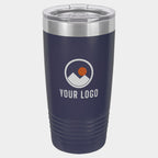 Mockup: Polar Camel 20oz Ringneck tumbler in Navy Blue, UV printed with a sample YOUR LOGO mark