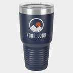 Mockup: Polar Camel 30oz Ringneck tumbler in Navy Blue, UV printed with a sample YOUR LOGO mark