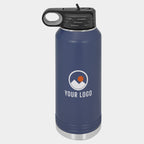 Mockup: Polar Camel 32oz water bottle in Navy Blue, UV printed with a sample YOUR LOGO mark