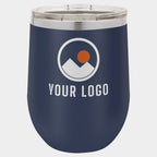 Mockup: Polar Camel 12oz stemless wine tumbler in Navy Blue, UV printed with a sample YOUR LOGO mark