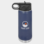 Mockup: Polar Camel 20oz water bottle in Navy Blue, UV printed with a sample YOUR LOGO mark