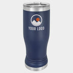 Mockup: Polar Camel 14oz pilsner tumbler in Navy Blue, UV printed with a sample YOUR LOGO mark