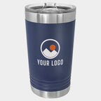 Mockup: Polar Camel 16oz pint tumbler in Navy Blue, UV printed with a sample YOUR LOGO mark