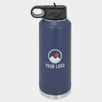 Mockup: Polar Camel 40oz water bottle in Navy Blue, UV printed with a sample YOUR LOGO mark