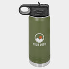 Mockup: Polar Camel 20oz water bottle in Olive Green, UV printed with a sample YOUR LOGO mark