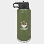 Mockup: Polar Camel 32oz water bottle in Olive Green, UV printed with a sample YOUR LOGO mark