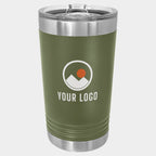 Mockup: Polar Camel 16oz pint tumbler in Olive Green, UV printed with a sample YOUR LOGO mark
