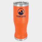 Mockup: Polar Camel 14oz pilsner tumbler in Orange, UV printed with a sample YOUR LOGO mark