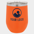 Mockup: Polar Camel 12oz stemless wine tumbler in Orange, UV printed with a sample YOUR LOGO mark