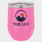 Mockup: Polar Camel 12oz stemless wine tumbler in Pink, UV printed with a sample YOUR LOGO mark