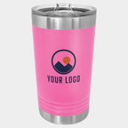 Mockup: Polar Camel 16oz pint tumbler in Pink, UV printed with a sample YOUR LOGO mark