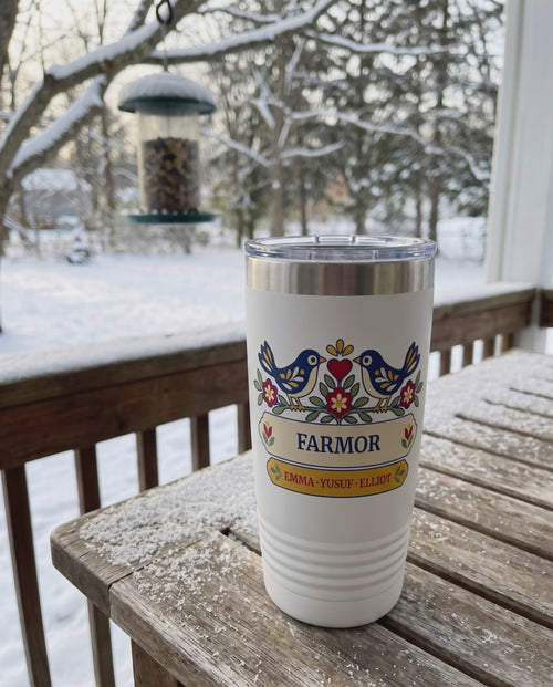 Bluebird Pair Personalized Grandma Tumbler: short silent video of the cup in its scene