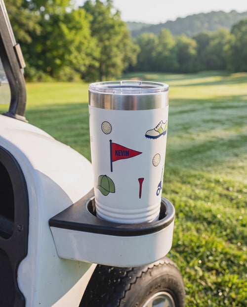 Bag Drop Pennant Personalized Golf Tumbler: short silent video of the cup in its scene