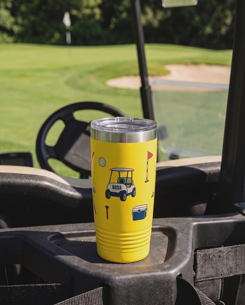 Bag Drop Cart Personalized Golf Tumbler: short silent video of the cup in its scene