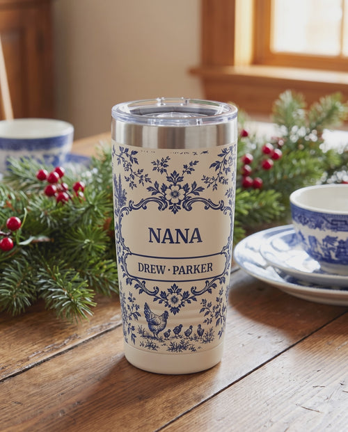 Blue Toile Grandma Full Wrap Tumbler: short silent video of the cup in its scene