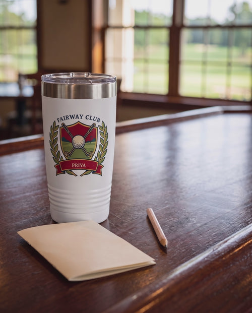 Fairway Club Crest Personalized Golf Tumbler: short silent video of the cup in its scene