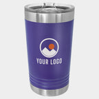 Mockup: Polar Camel 16oz pint tumbler in Purple, UV printed with a sample YOUR LOGO mark