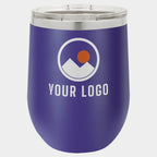 Mockup: Polar Camel 12oz stemless wine tumbler in Purple, UV printed with a sample YOUR LOGO mark