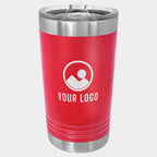 Mockup: Polar Camel 16oz pint tumbler in Red, UV printed with a sample YOUR LOGO mark