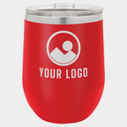 Mockup: Polar Camel 12oz stemless wine tumbler in Red, UV printed with a sample YOUR LOGO mark