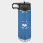 Mockup: Polar Camel 20oz water bottle in Royal Blue, UV printed with a sample YOUR LOGO mark