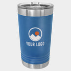Mockup: Polar Camel 16oz pint tumbler in Royal Blue, UV printed with a sample YOUR LOGO mark