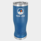 Mockup: Polar Camel 14oz pilsner tumbler in Royal Blue, UV printed with a sample YOUR LOGO mark