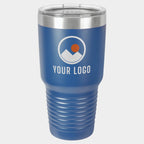 Mockup: Polar Camel 30oz Ringneck tumbler in Royal Blue, UV printed with a sample YOUR LOGO mark