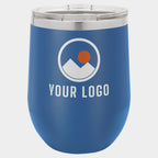 Mockup: Polar Camel 12oz stemless wine tumbler in Royal Blue, UV printed with a sample YOUR LOGO mark