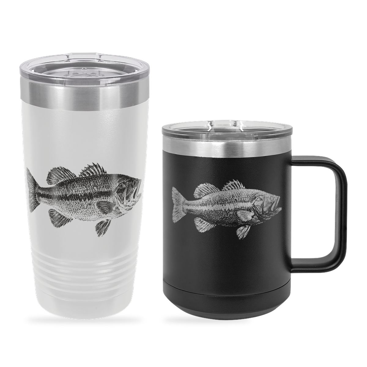 Sample Pack: 20oz Ringneck tumbler with UV-printed Fisherman bass design next to a laser-engraved 15oz mug (illustrative image)