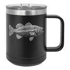 15oz stainless mug, laser-engraved Fisherman bass design (illustrative image)