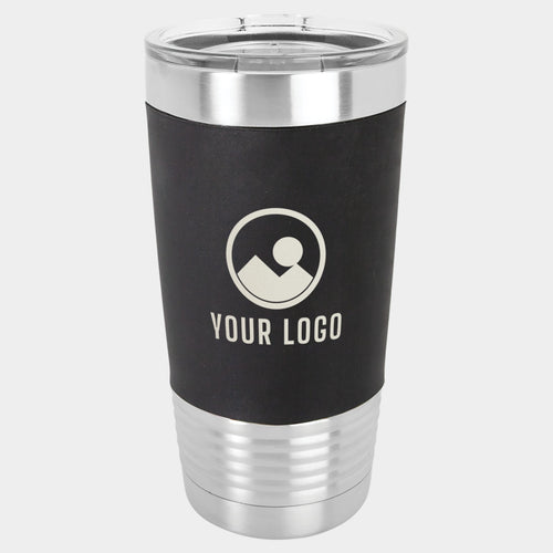 Mockup: Polar Camel 20oz silicone grip tumbler in Black/White, laser engraved with a sample YOUR LOGO mark