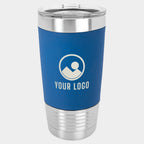 Mockup: Polar Camel 20oz silicone grip tumbler in Blue/White, laser engraved with a sample YOUR LOGO mark