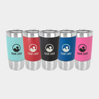 Mockup: Polar Camel 20oz silicone grip tumblers in Teal/Black, Red/White, Black/White, Blue/White and Pink/Black, laser engraved with a sample YOUR LOGO mark