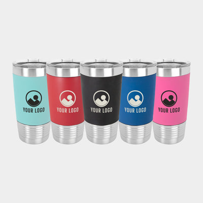 Mockup: Polar Camel 20oz silicone grip tumblers in Teal/Black, Red/White, Black/White, Blue/White and Pink/Black, laser engraved with a sample YOUR LOGO mark