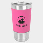 Mockup: Polar Camel 20oz silicone grip tumbler in Pink/Black, laser engraved with a sample YOUR LOGO mark