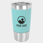 Mockup: Polar Camel 20oz silicone grip tumbler in Teal/Black, laser engraved with a sample YOUR LOGO mark