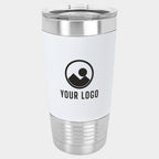 Mockup: Polar Camel 20oz silicone grip tumbler in White/Black, laser engraved with a sample YOUR LOGO mark