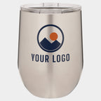 Mockup: Polar Camel 12oz stemless wine tumbler in Stainless Steel, UV printed with a sample YOUR LOGO mark