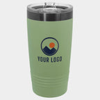 Mockup: Polar Camel 20oz Ringneck tumbler in Summer Sage / Ghost Black, UV printed with a sample YOUR LOGO mark