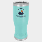 Mockup: Polar Camel 14oz pilsner tumbler in Teal, UV printed with a sample YOUR LOGO mark