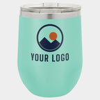 Mockup: Polar Camel 12oz stemless wine tumbler in Teal, UV printed with a sample YOUR LOGO mark