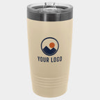 Mockup: Polar Camel 20oz Ringneck tumbler in Warm Sand, UV printed with a sample YOUR LOGO mark
