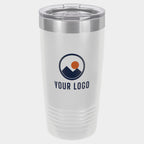 Mockup: Polar Camel 20oz Ringneck tumbler in White, UV printed with a sample YOUR LOGO mark