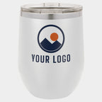 Mockup: Polar Camel 12oz stemless wine tumbler in White, UV printed with a sample YOUR LOGO mark