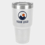 Mockup: Polar Camel 30oz Ringneck tumbler in White, UV printed with a sample YOUR LOGO mark