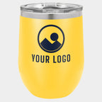 Mockup: Polar Camel 12oz stemless wine tumbler in Yellow, UV printed with a sample YOUR LOGO mark