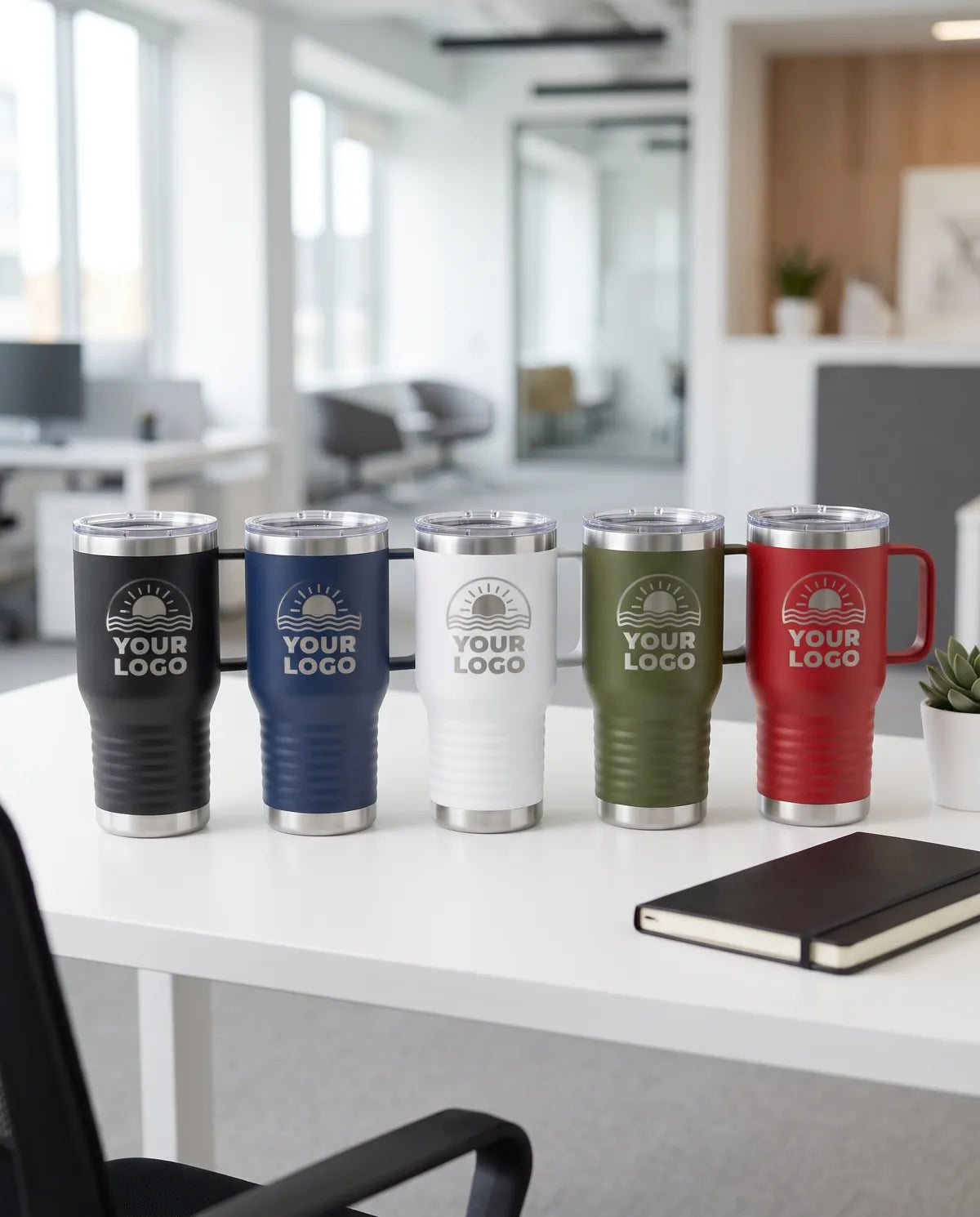 Engraved travel mugs in five colors on an office desk
