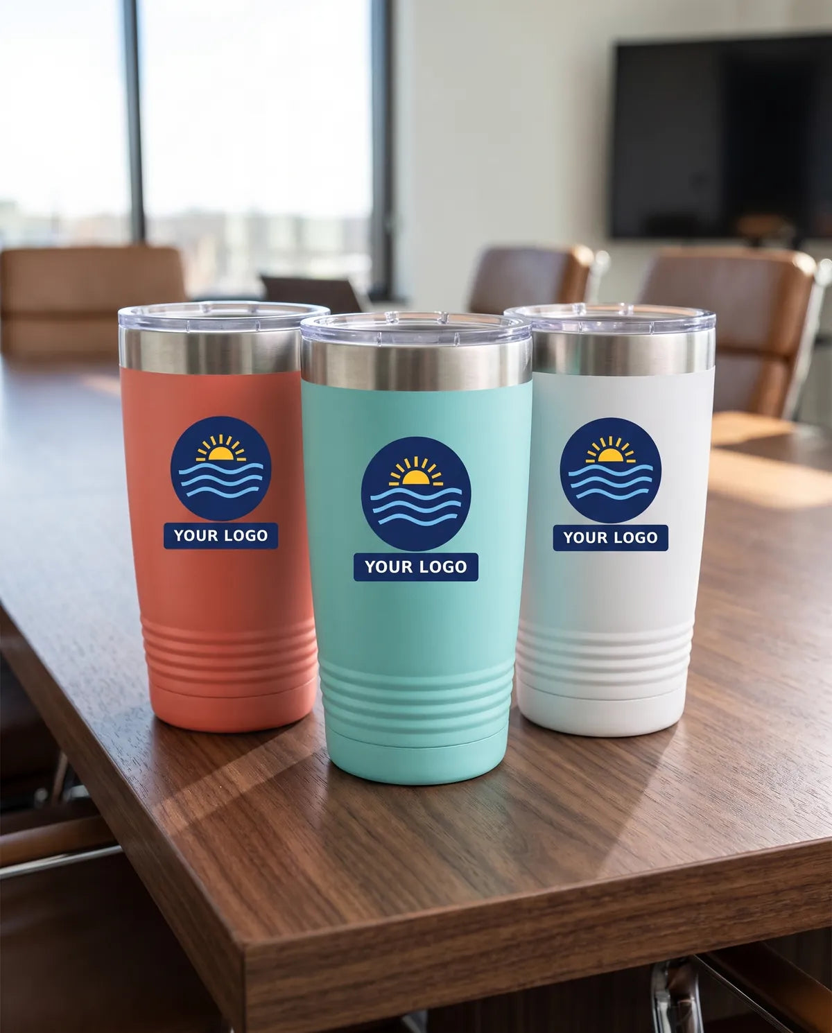 Logo tumblers in coral, teal and white on a boardroom table
