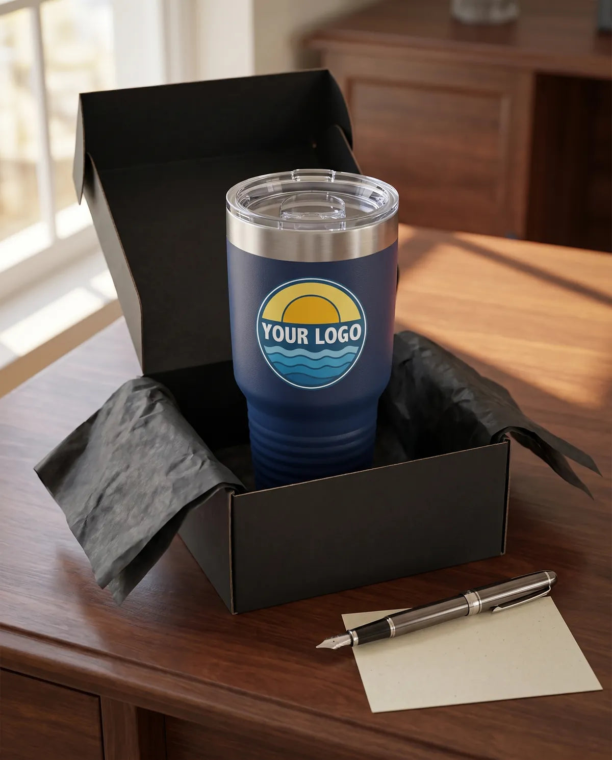Logo tumbler in a black gift box on an executive desk